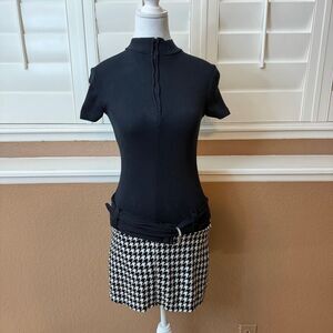 Vintage Y2K Attempt Black & White Houndstooth Gothic Mini Dress Zip Up Sz S Emo